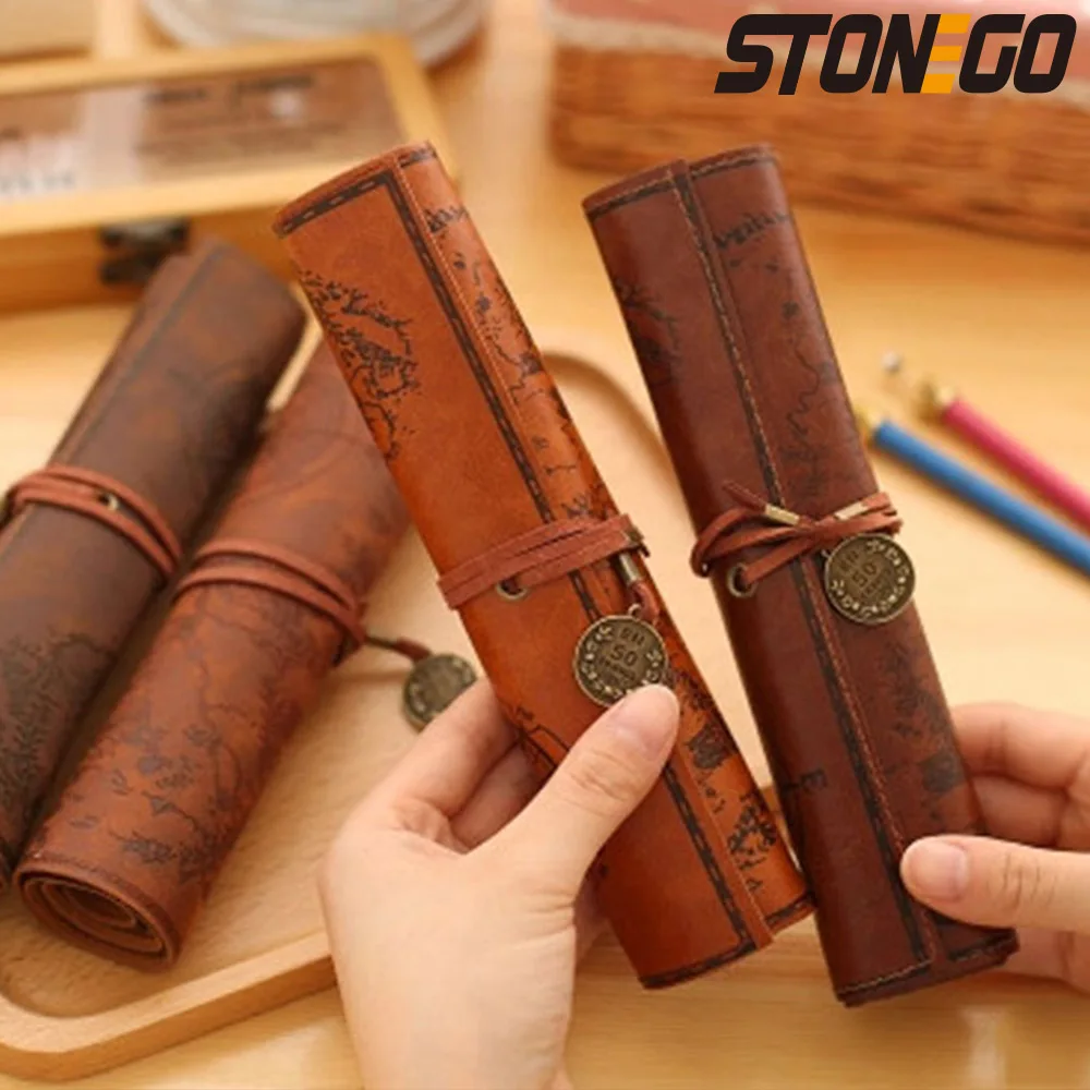 STONEGO Retro Treasure Map Leather Pen Bag Popular Roll Case Bag Vintage Style Roll Pencil Case Pencil Bag PU Bag Pencil Case - Image 2