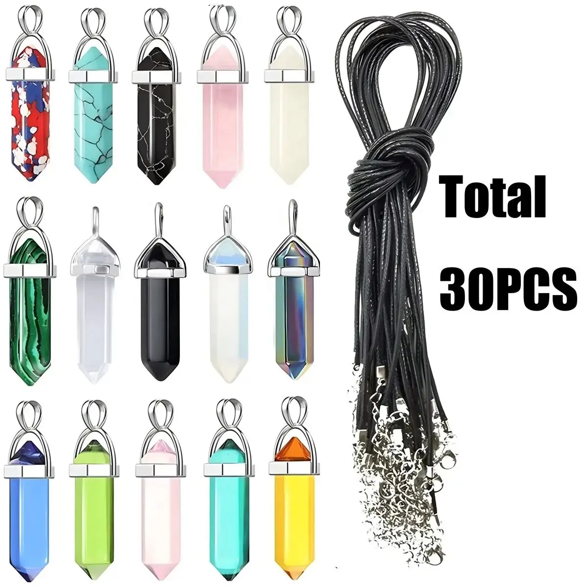 40PCS/30PCS Hexagonal Chakra Synthetic Crystal Pendant , Pointed Quartz Stone With Leather Necklace Chain Storage Bag - Image 2