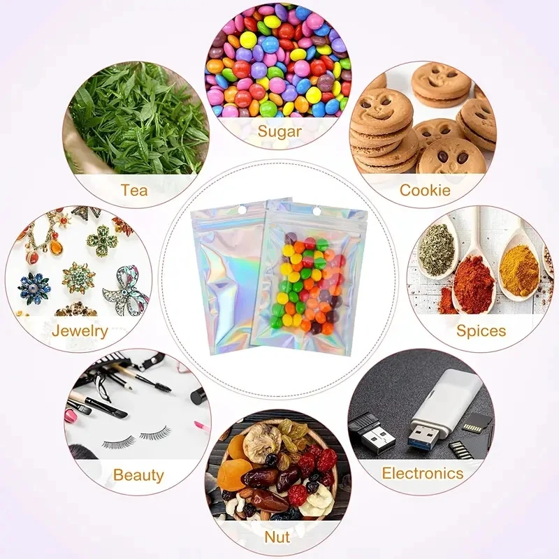 100pcs Holographic Resealable Mylar Bags Ziplock Candy Suger Tee Jewelry Beauty Storage Bag - Image 3