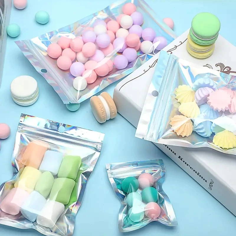 100pcs Holographic Resealable Mylar Bags Ziplock Candy Suger Tee Jewelry Beauty Storage Bag - Image 6