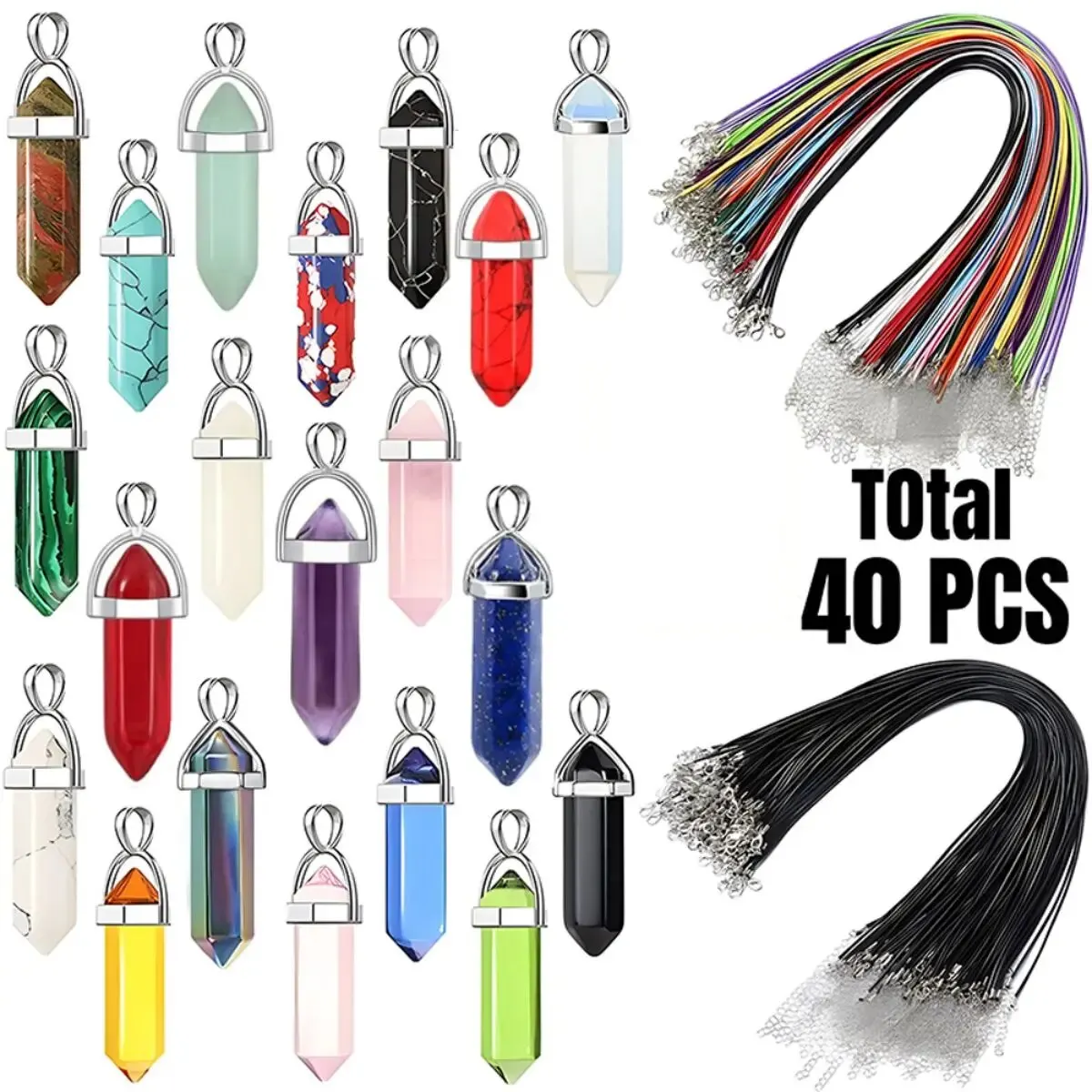 40PCS/30PCS Hexagonal Chakra Synthetic Crystal Pendant , Pointed Quartz Stone With Leather Necklace Chain Storage Bag - Image 3