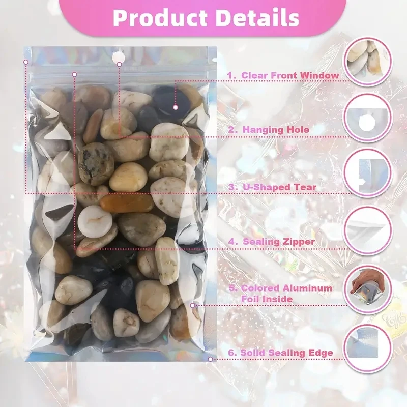 100pcs Holographic Resealable Mylar Bags Ziplock Candy Suger Tee Jewelry Beauty Storage Bag - Image 5