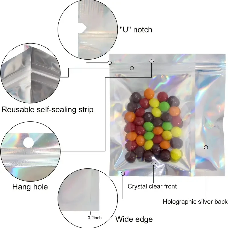 100pcs Holographic Resealable Mylar Bags Ziplock Candy Suger Tee Jewelry Beauty Storage Bag - Image 2